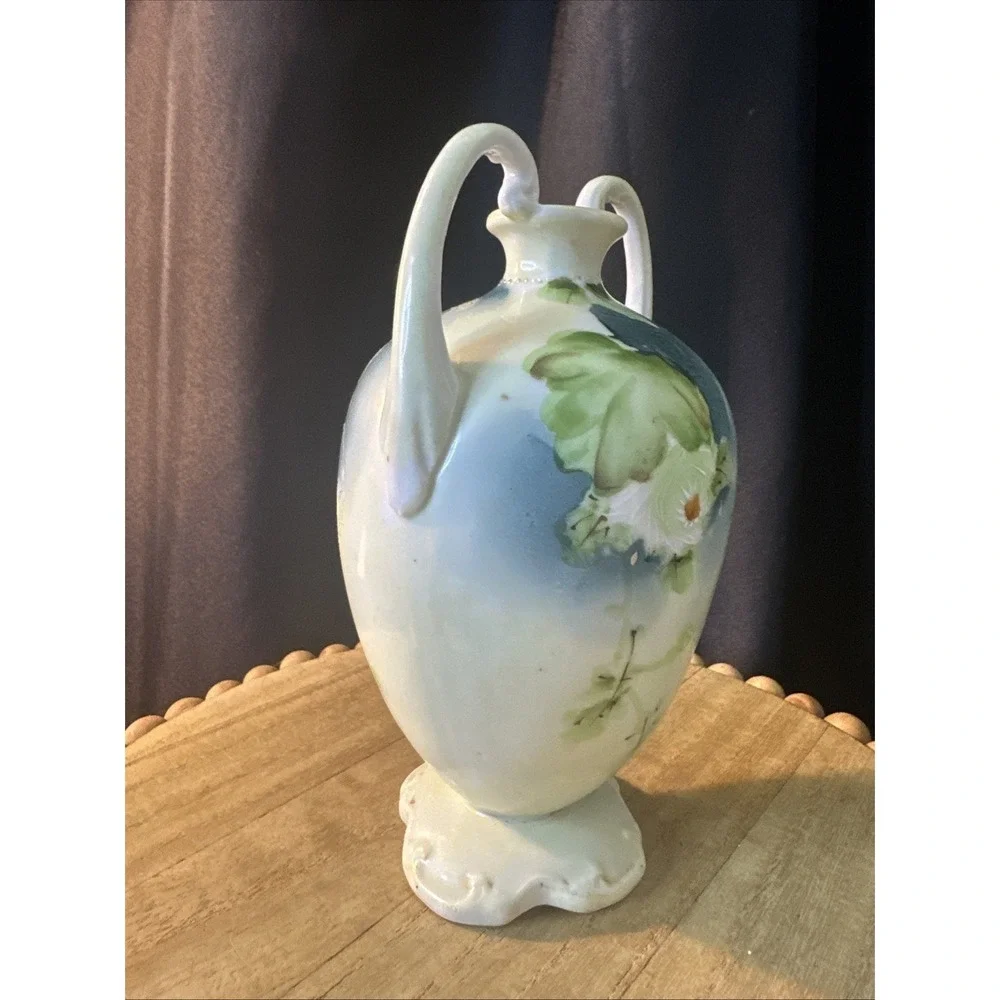 Nippon Double Handle Vase Blue Green yellow Flowers Antique